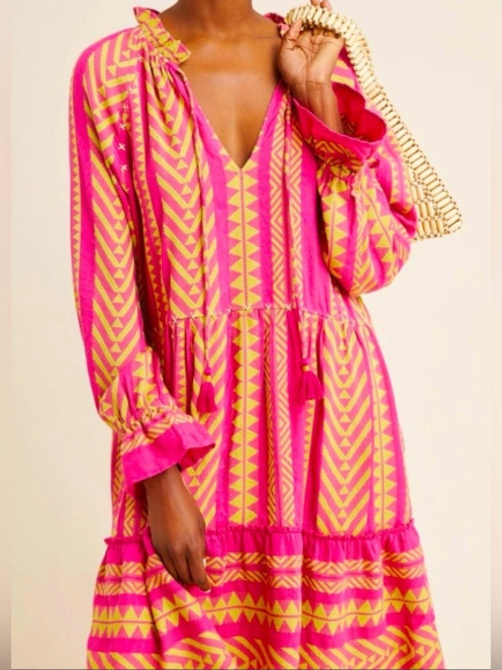 Anthropologie Dominique Dress Tasseled Bold Print Ruffle Hem Pink Small